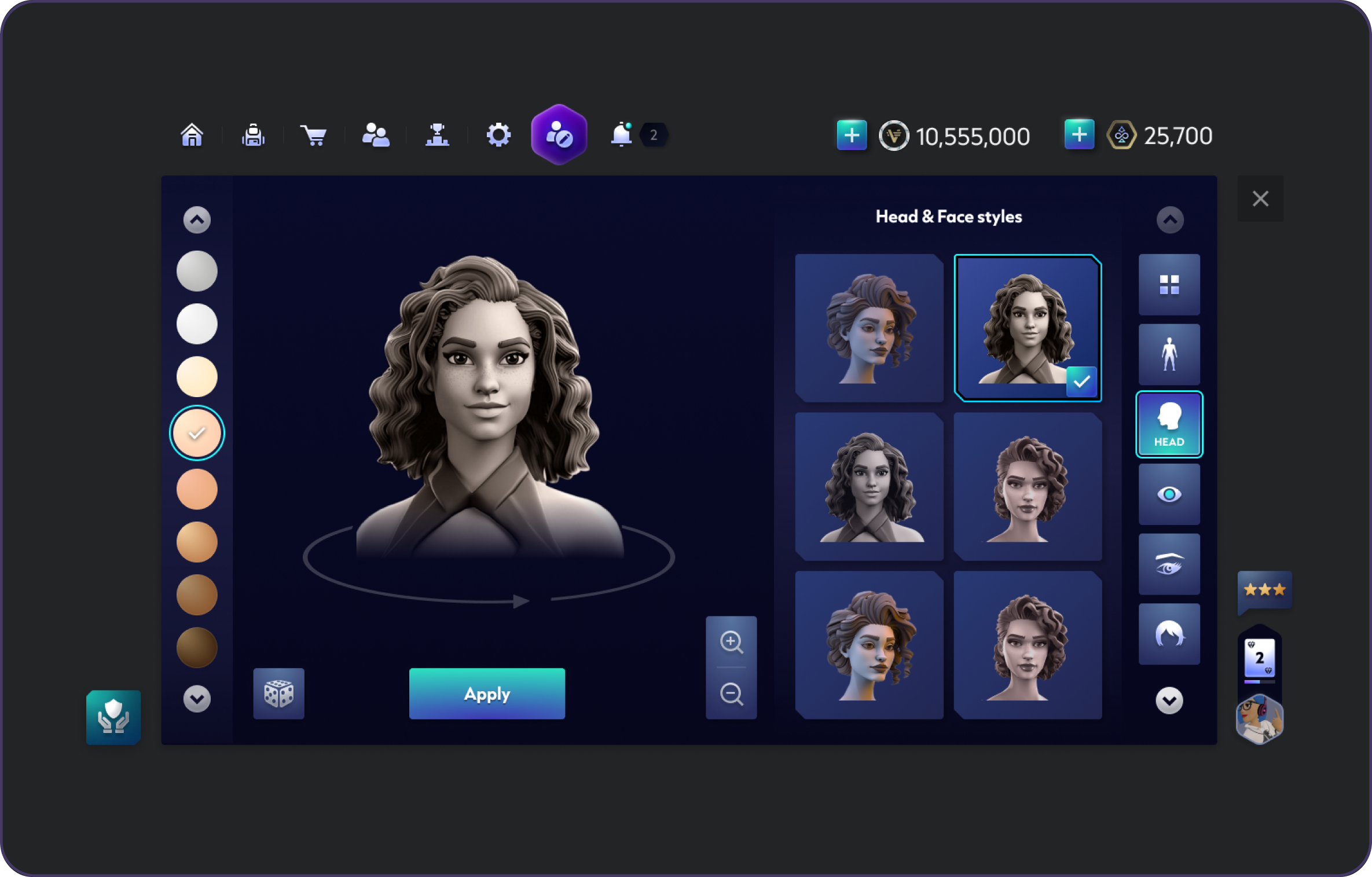 Adaptive color and detail controls beside the persistent avatar preview.