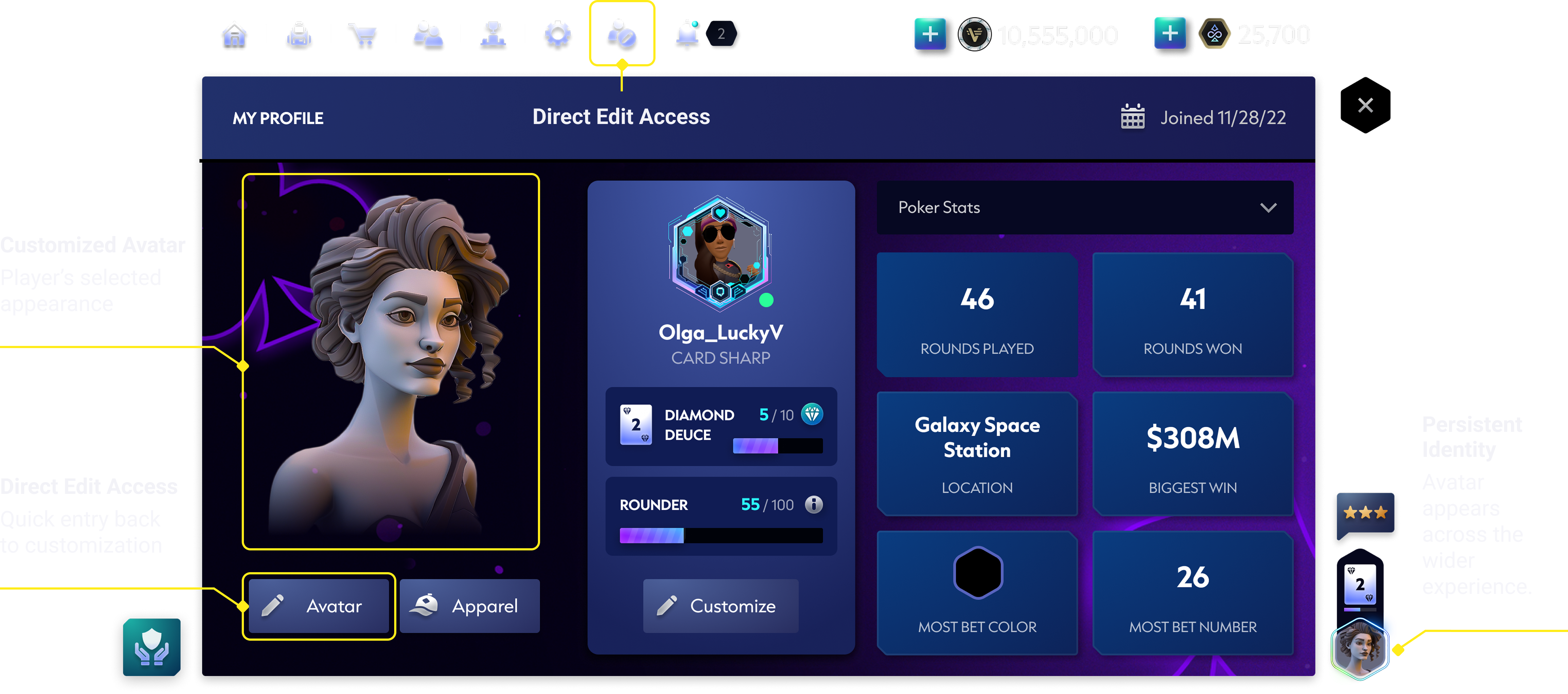 Player profile integrating the customized avatar, direct editing access and persistent identity.