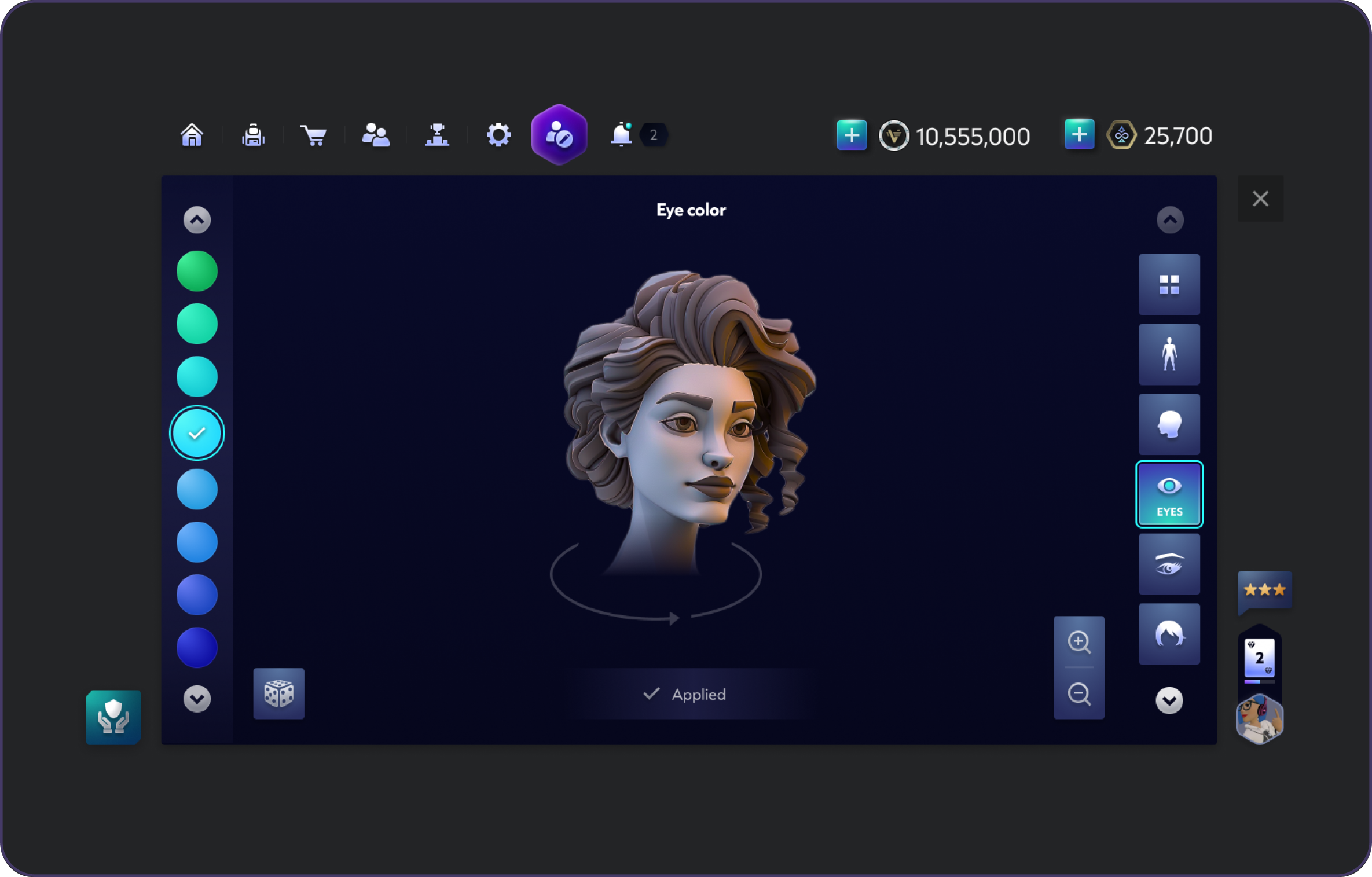 Live avatar preview showing customization changes directly on the character.