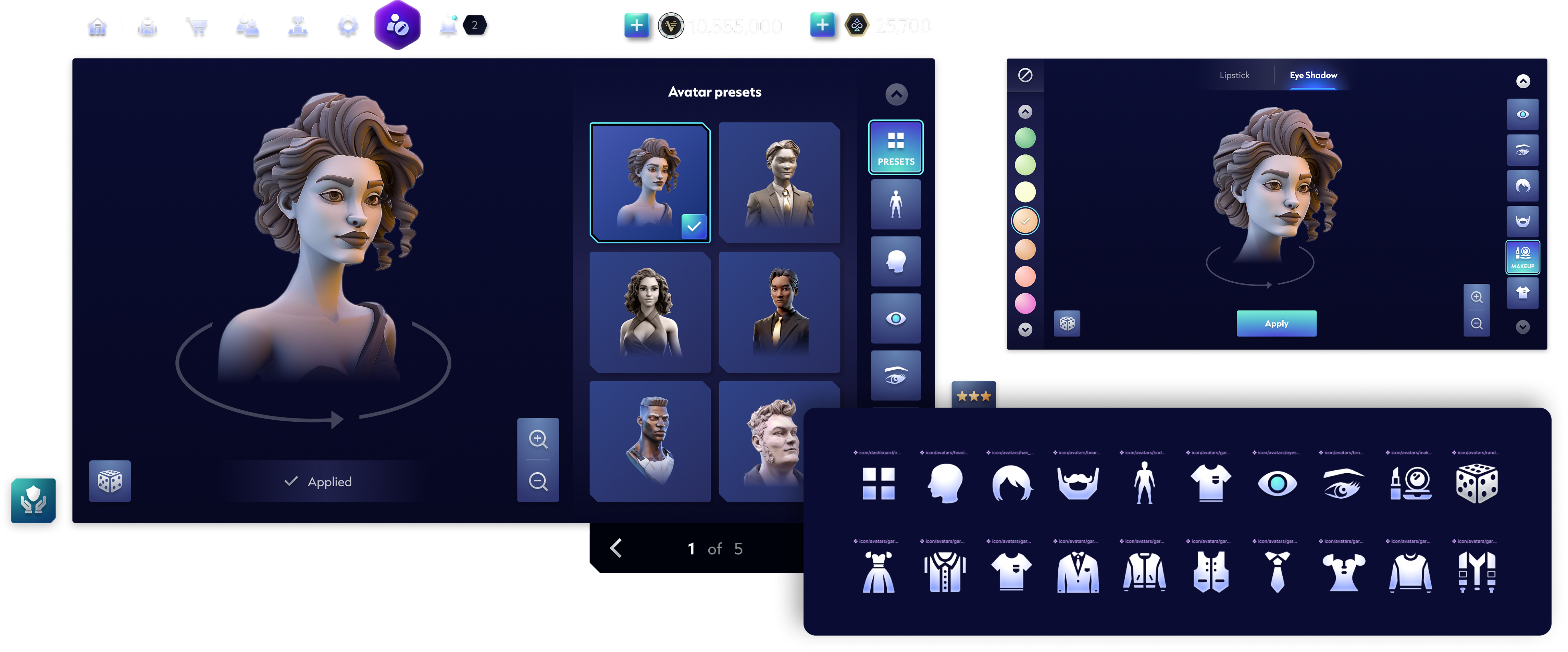 Final avatar customization system combining presets, detailed appearance editing and apparel.