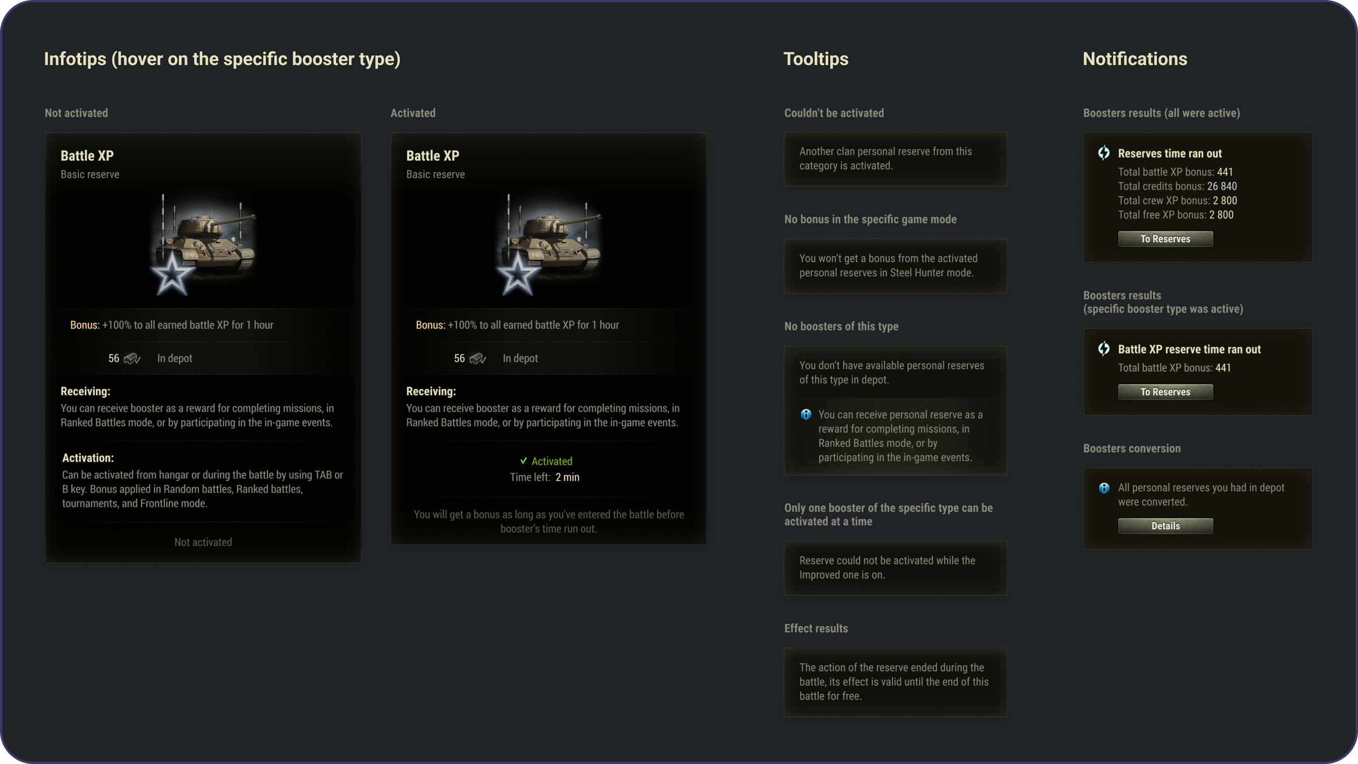 Tooltips & Feedback — World of Tanks Boosters redesign.