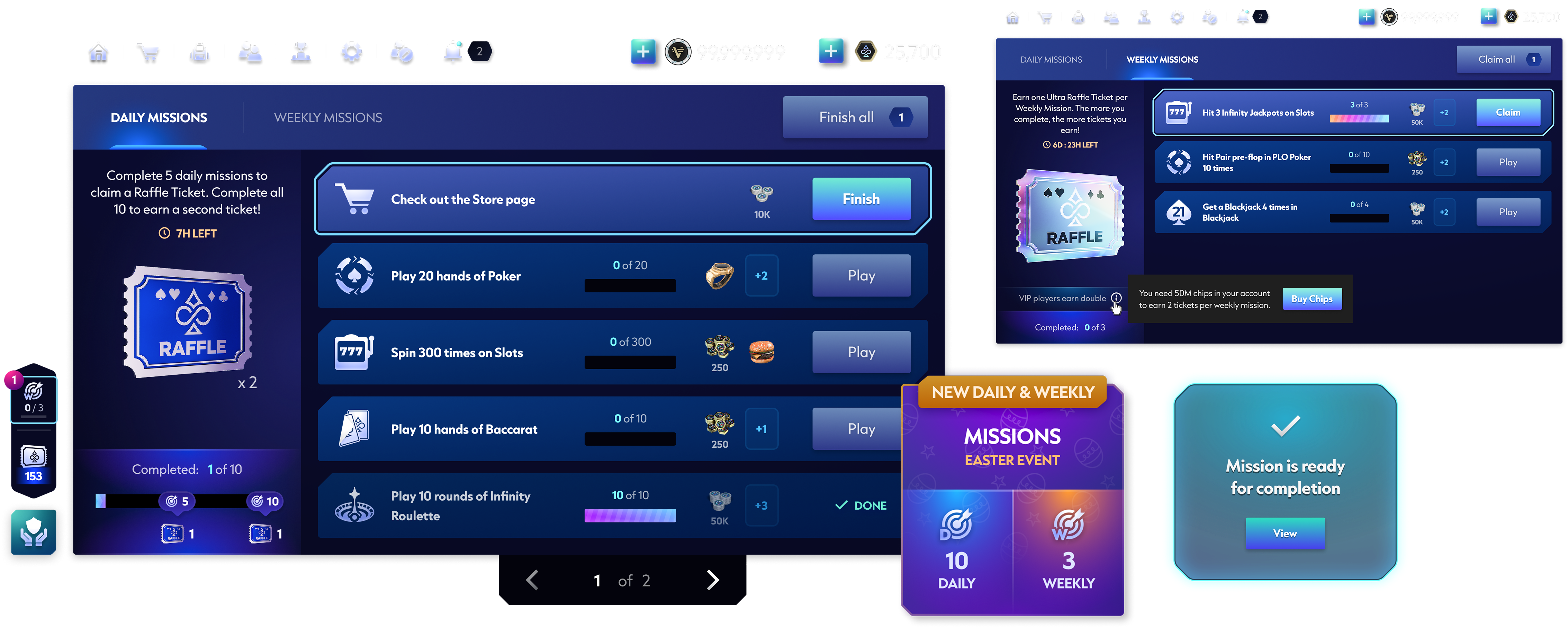 Final Missions framework showing daily, weekly and event-based mission interfaces and reward states.