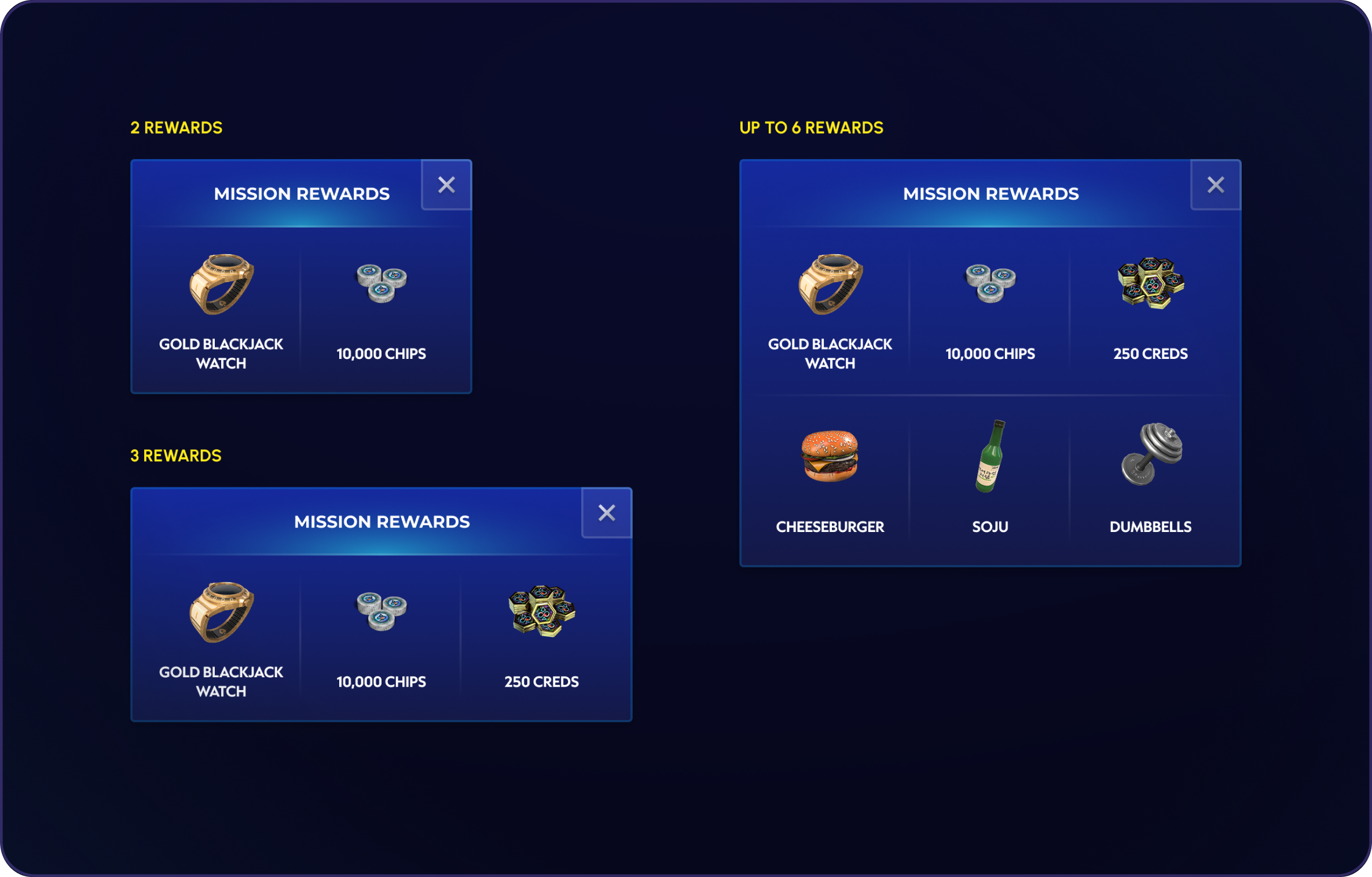 Mission reward tooltip variations.