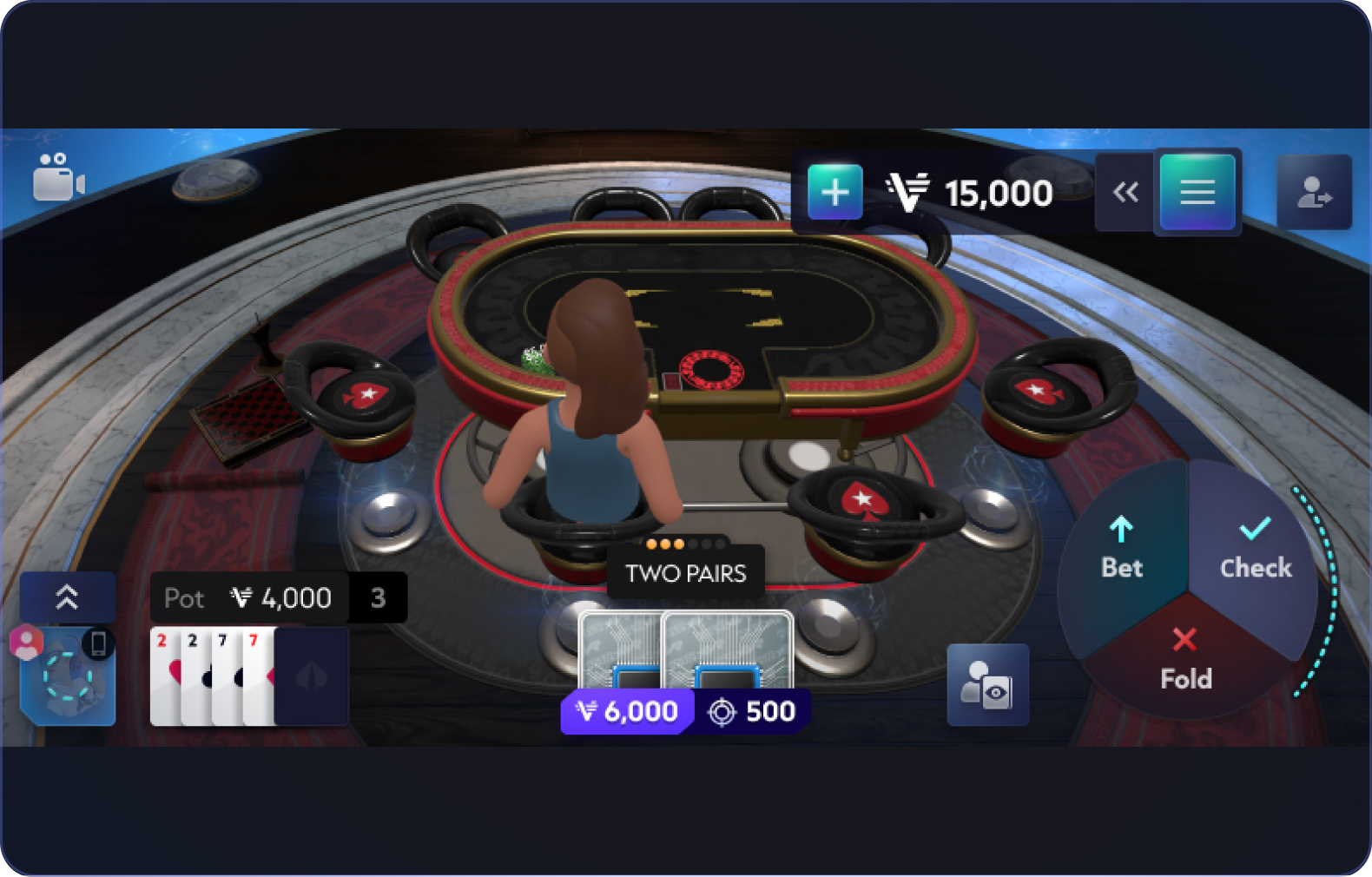 Mobile poker interface adapting gameplay controls to a touch screen.