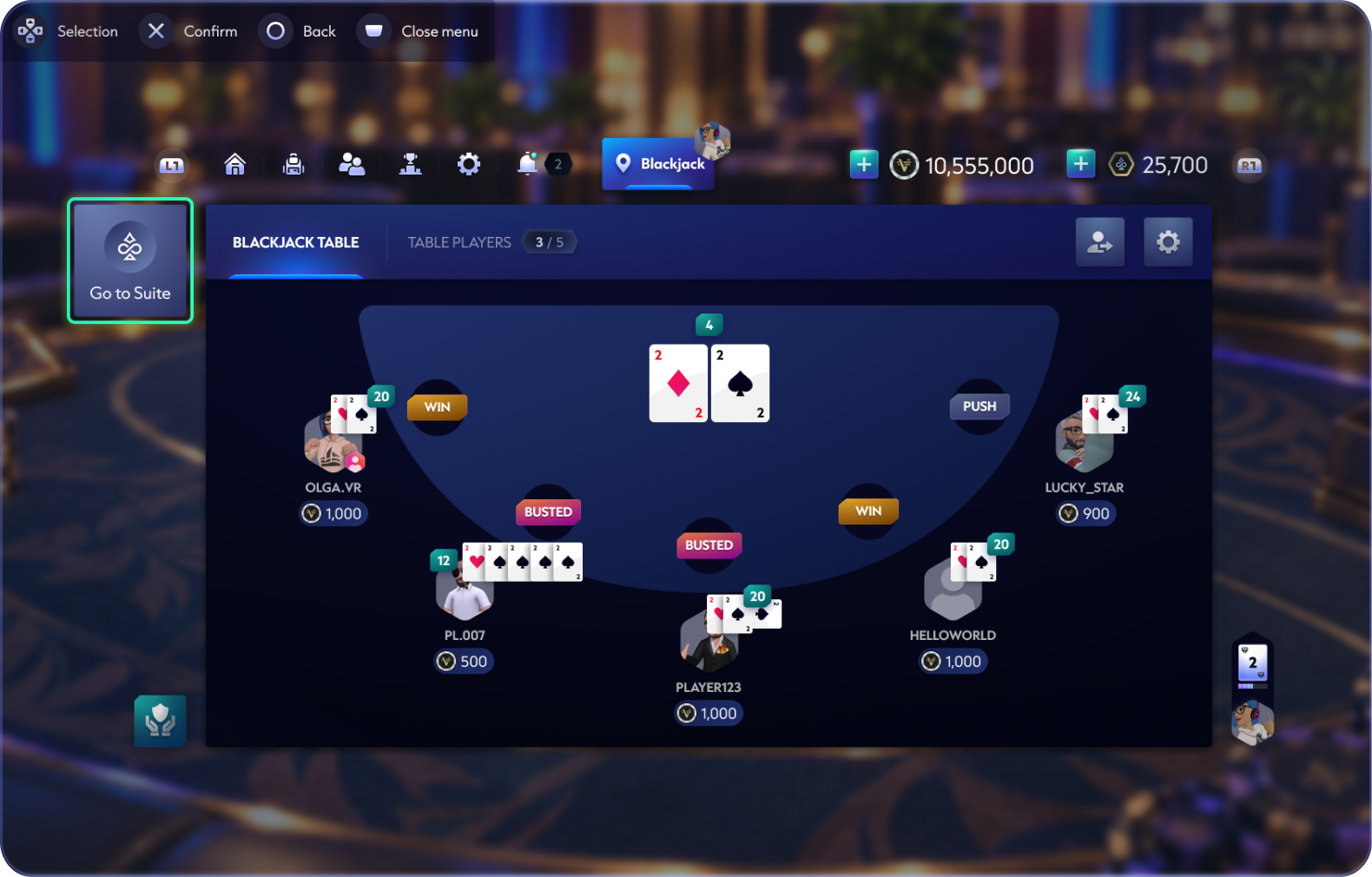 PS5 blackjack interface with gamepad prompts and visible focus states.