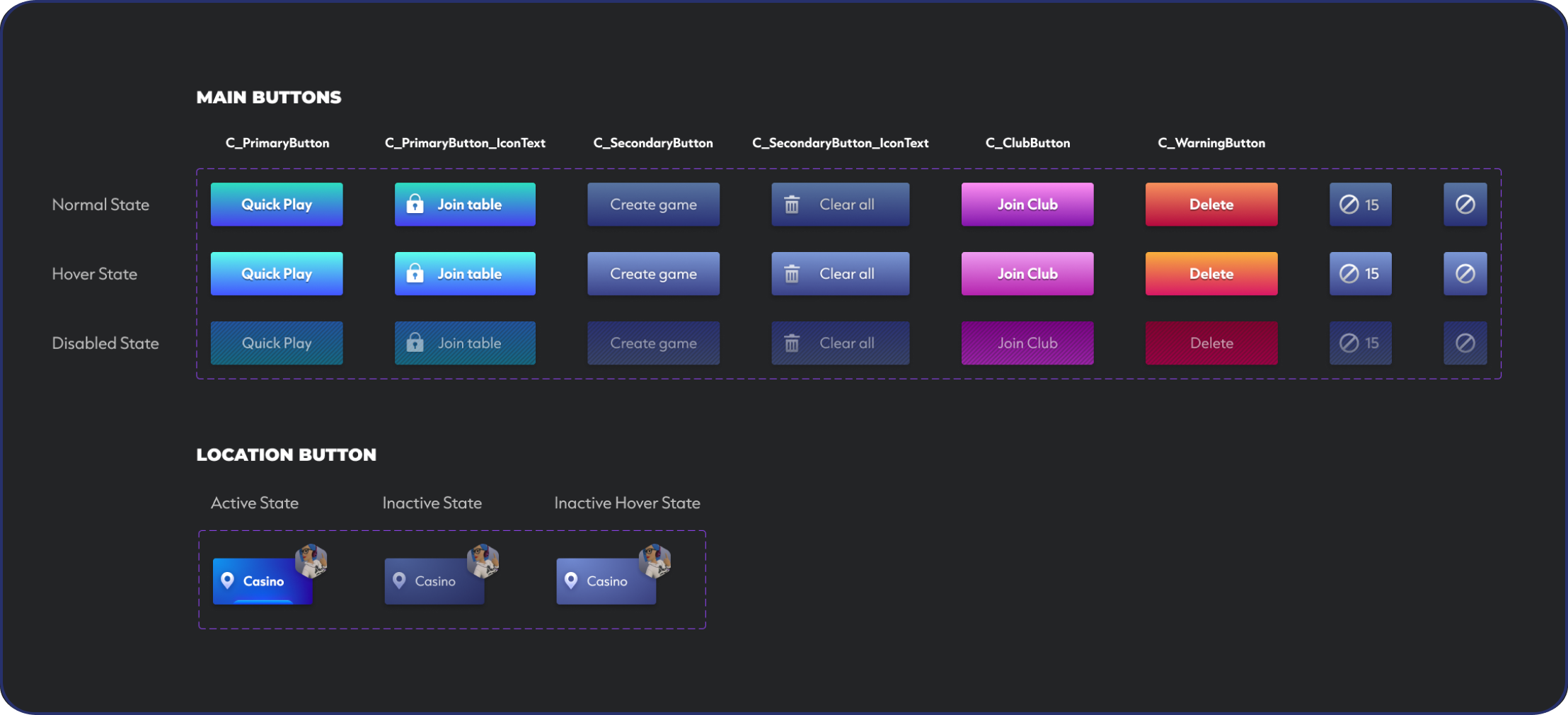 Reusable primary, secondary, location, and warning buttons with normal, hover, and disabled states.
