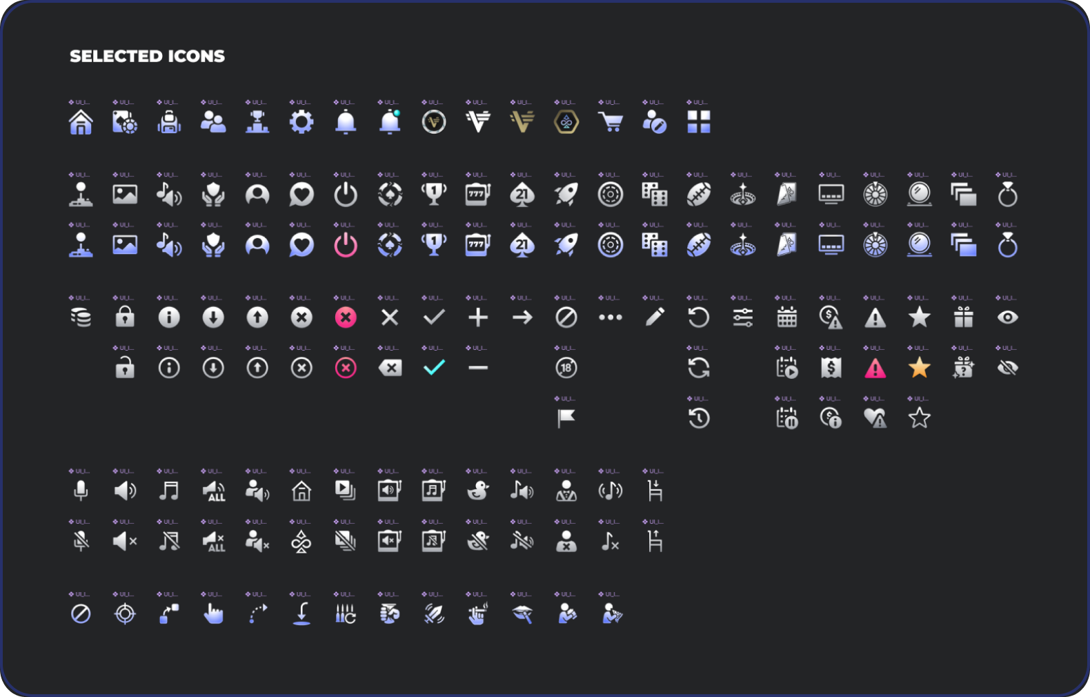 Shared icon library covering navigation, games, social features, and interface actions.