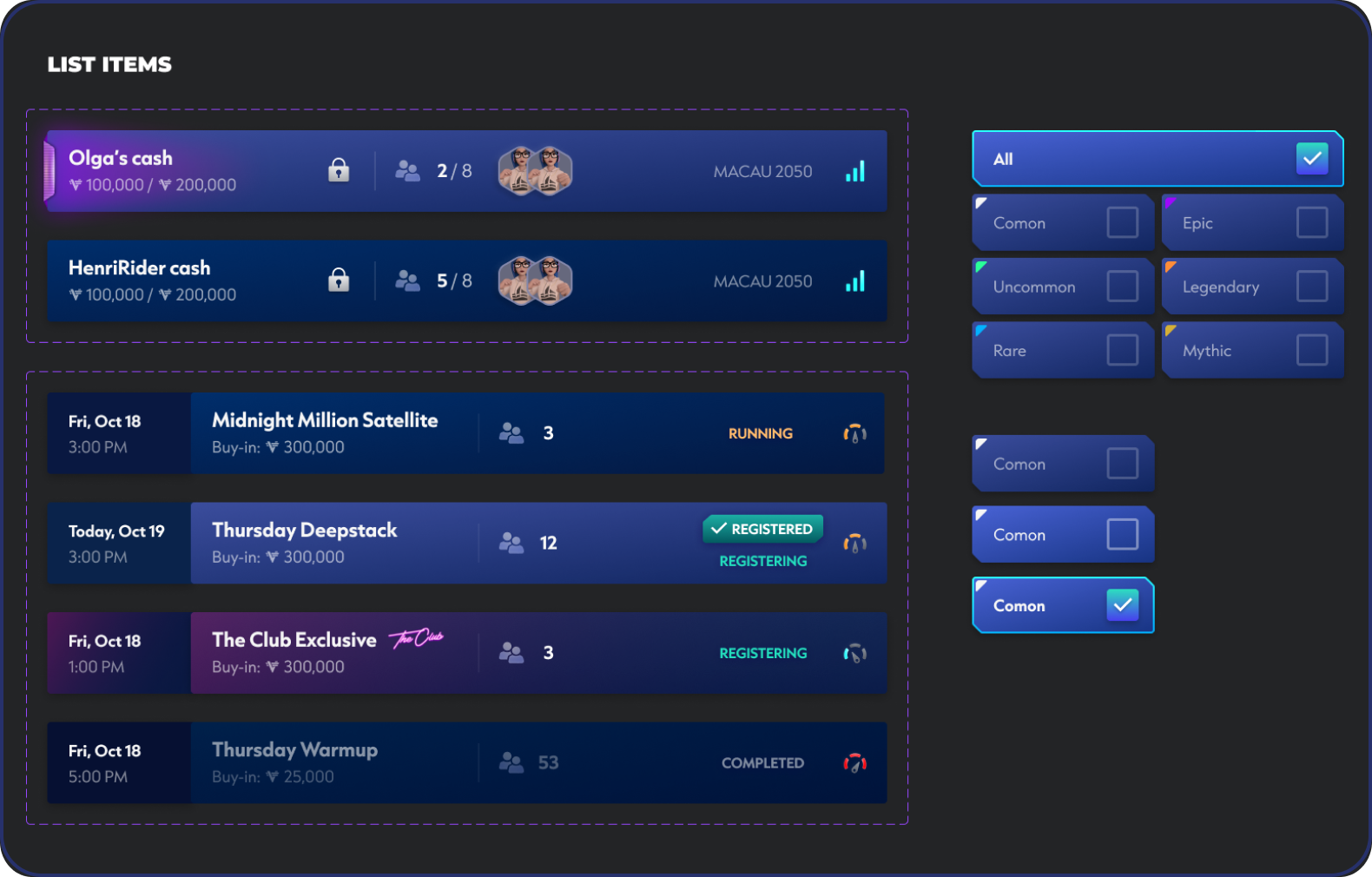 Reusable list components and their interface states.