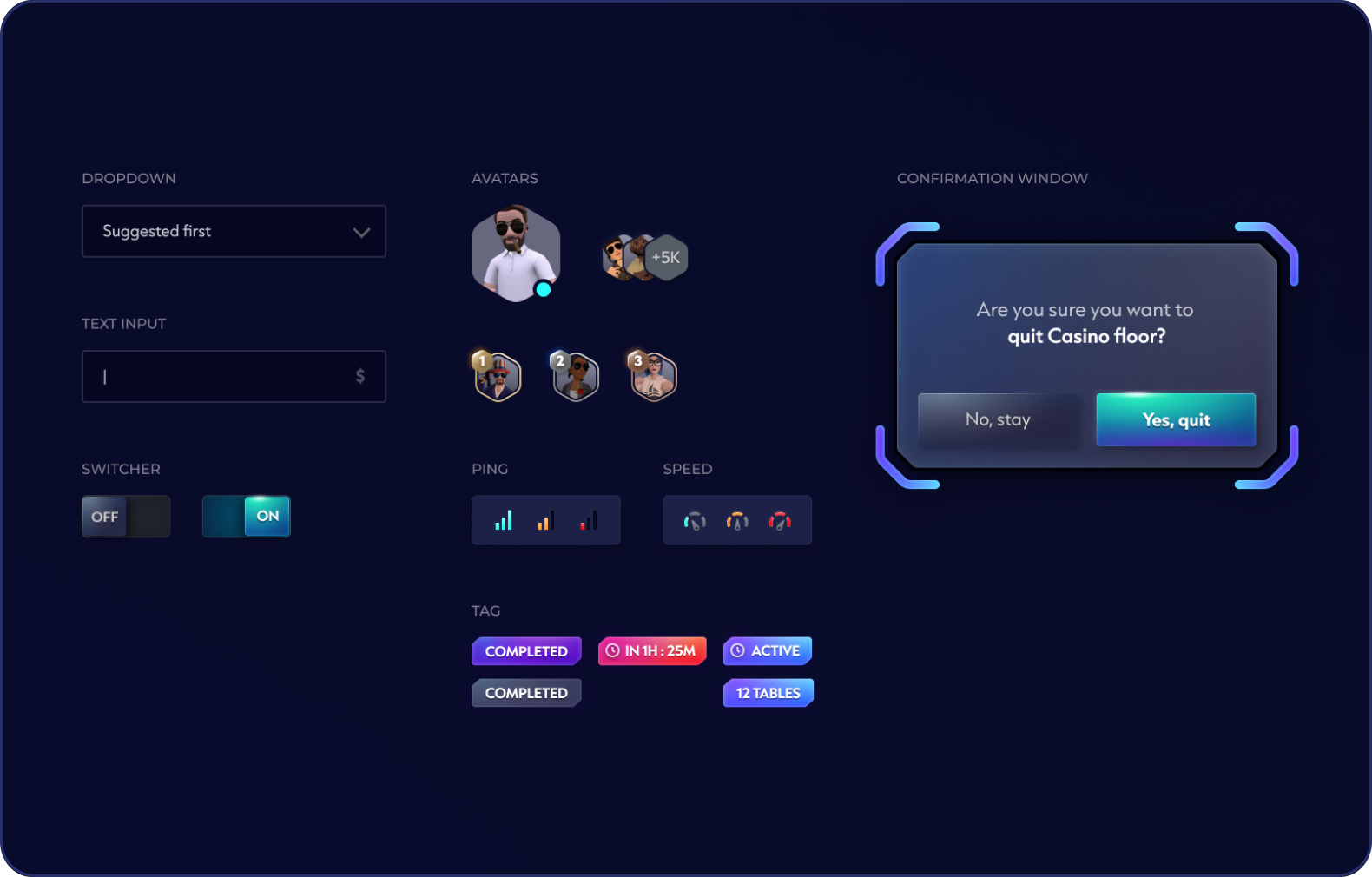 Interface elements demonstrating consistent fields, switches, and controls.