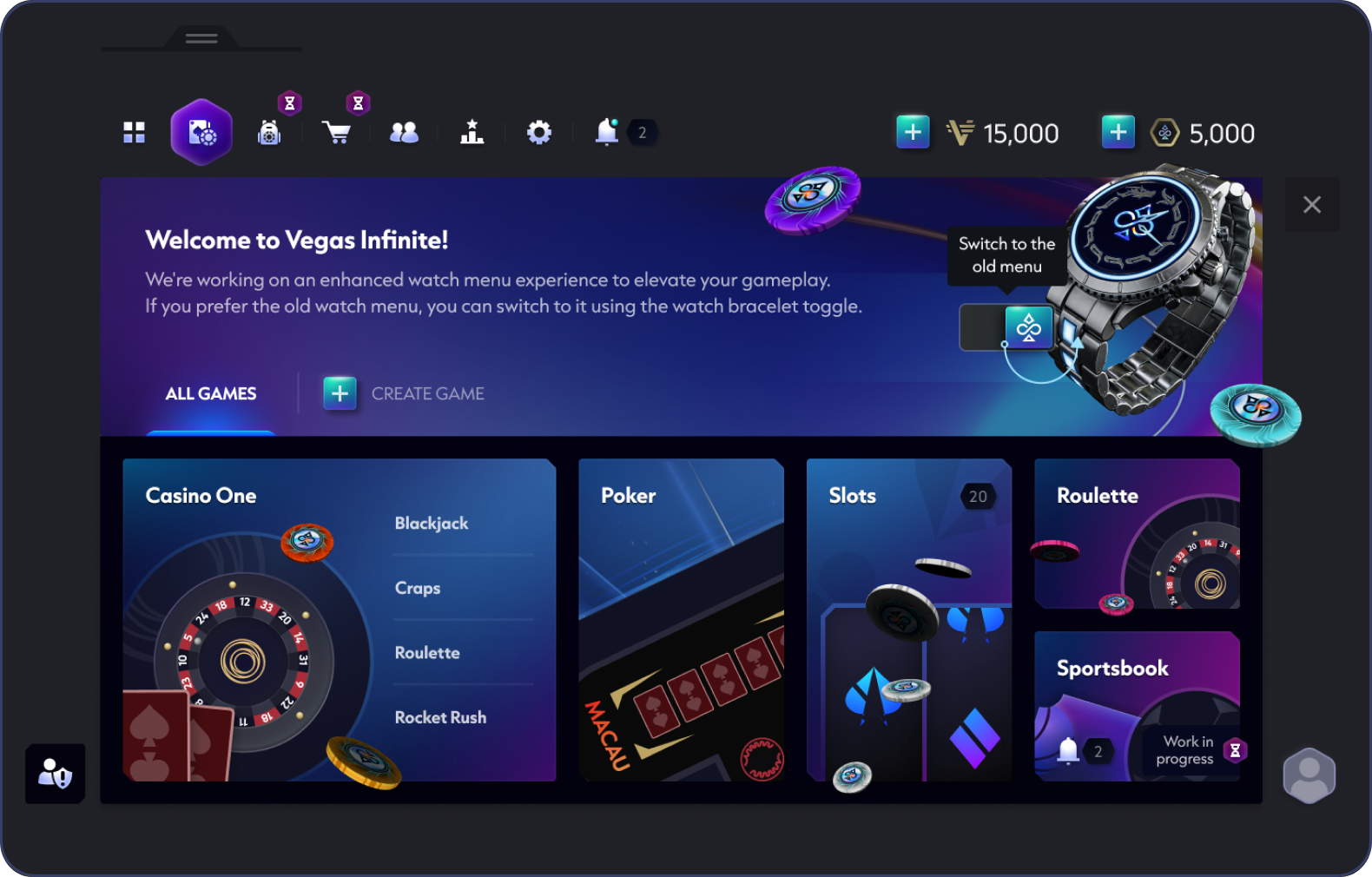 Early visual direction for the Watch homepage with blue and purple game tiles.