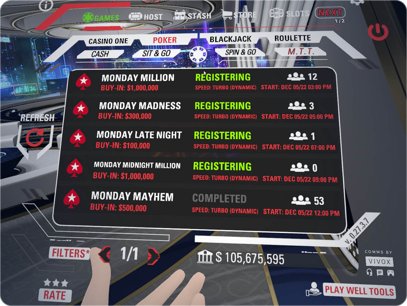 Legacy Watch games menu with dense tournament rows and layered navigation.